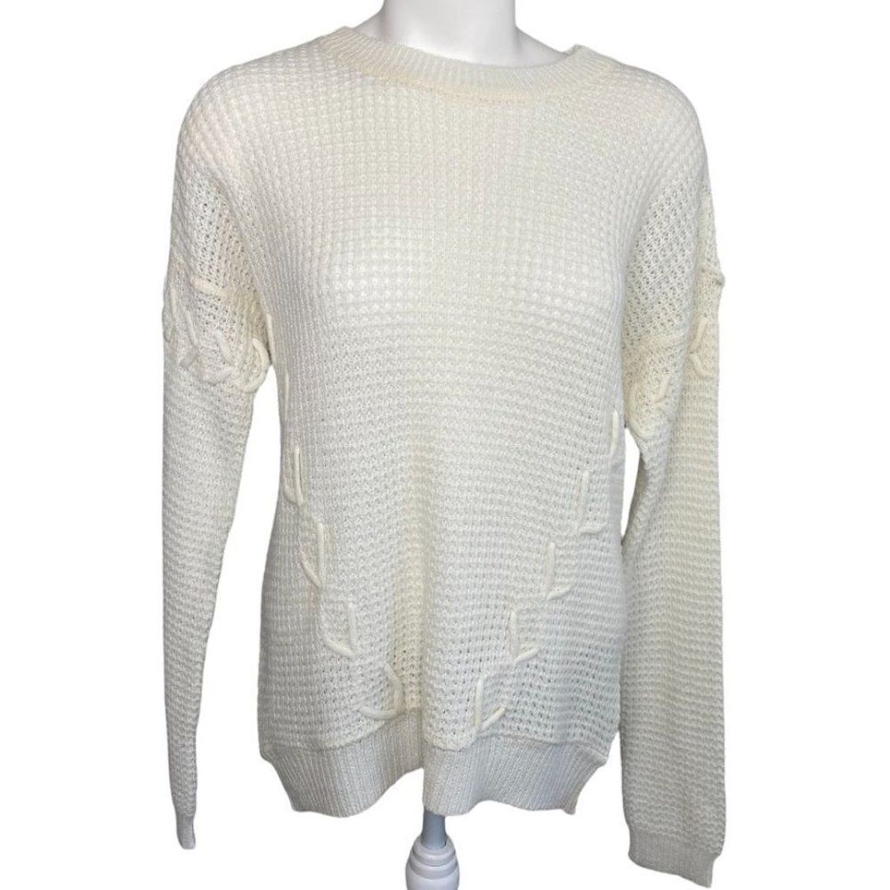 Icon Apparel Waffle-Knit Sweater Top Women's XL White Lace-Up‎ Accent Soft NWOT